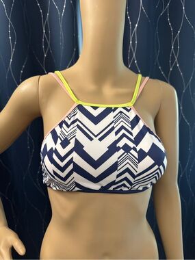 Victoria’s Secret Navy Chevron Bikini Top Pink Yellow Strappy Swim Medium